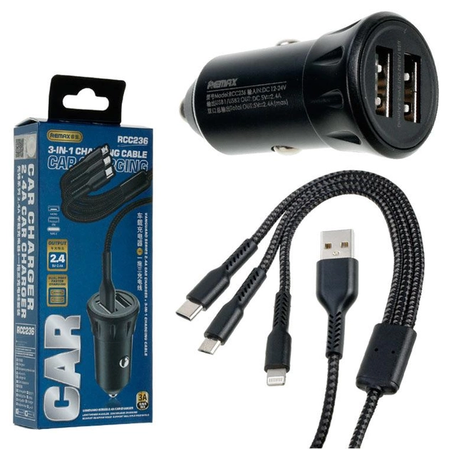 Автомобільний зарядний пристрій Remax RCC236 Vanguard Series 2.4A 3-in-1 Charging Cable чорний - зображення 2