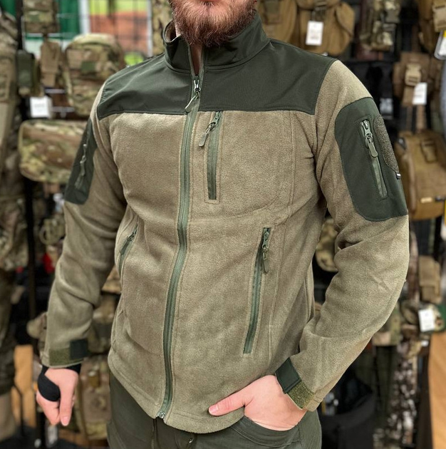 Мужская флисовая демисезонная кофта Safari Tactical на молнии с Softshell вставками Хаки XL Kali с липучками для шевронов высокий воротник - стойка - изображение 1