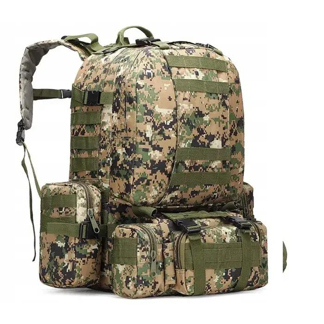 Рюкзак сумка на плечо с дополнительными подсумками в пиксельном камуфляже универсальное снаряжение на все случаи жизни объемом 50 литров - изображение 1