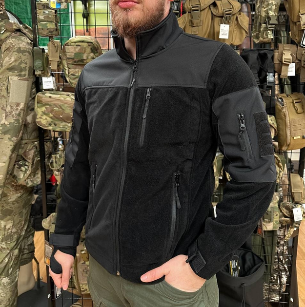 Чоловіча флісова демісезонна повсякденна кофта Safari Tactical з Softshell вставками Чорний 2XL (Kali) комір стійка застібка - блискавка на всю довжину кофти повномірні кишені для рук і додаткові на рукавах для риболовлі полювання туристичних походів - зображення 1