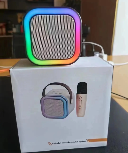Беспроводная портативная Bluetooth колонка караоке с 2 микрофонами и RGB подсветкой K12 White - изображение 5
