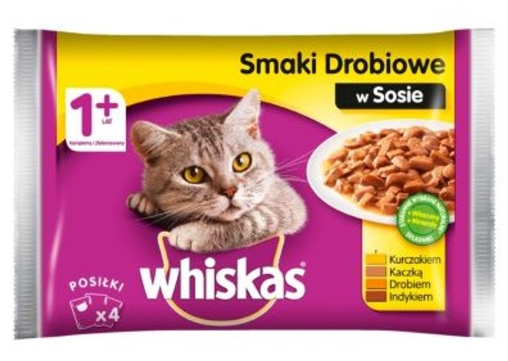 Вологий корм для котів Whiskas смаки птиці 4 x 100 г (5900951254369) - зображення 1