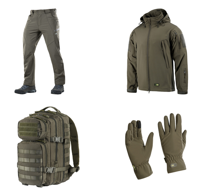 M-tac комплект Shoft Shell куртка з підстібкою, тактичні штани, рукавички, рюкзак олива S - зображення 1
