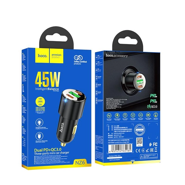 Автомобільний зарядний пристрій 45W швидка зарядка HOCO NZ6 PD45W 3-port(2C1A) car charger Black - Фото 7 Автомобільний зарядний пристрій 45W швидка зарядка HOCO NZ6 PD45W 3-port(2C1A) car charger Black - изображение 7