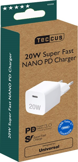 Зарядний пристрій Teccus Universal Fastcharger USB-C PD 20W White (4008928632682) - зображення 2
