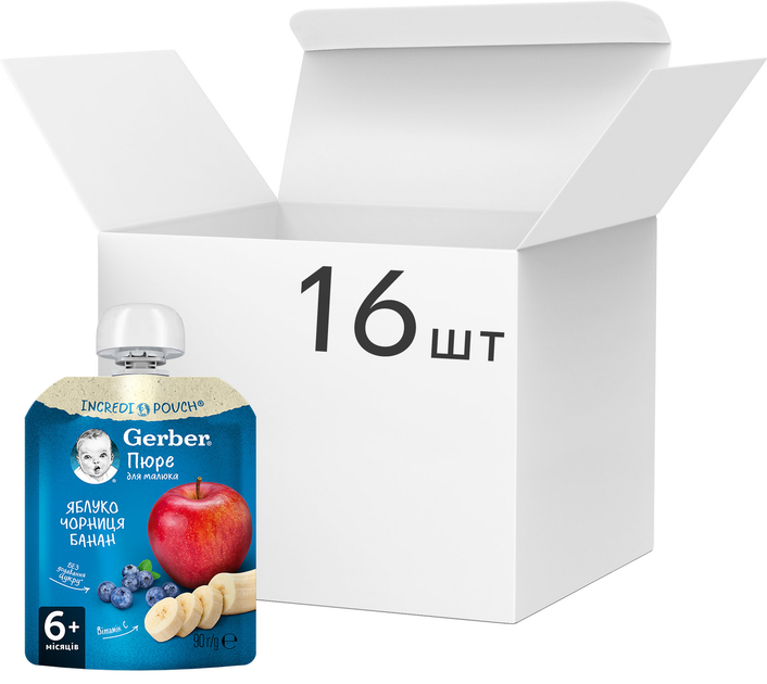 Упаковка фруктового пюре Gerber Яблоко, черника, банан с 6 месяцев Пастеризованное 90 г х 16 шт (7613036345897) 