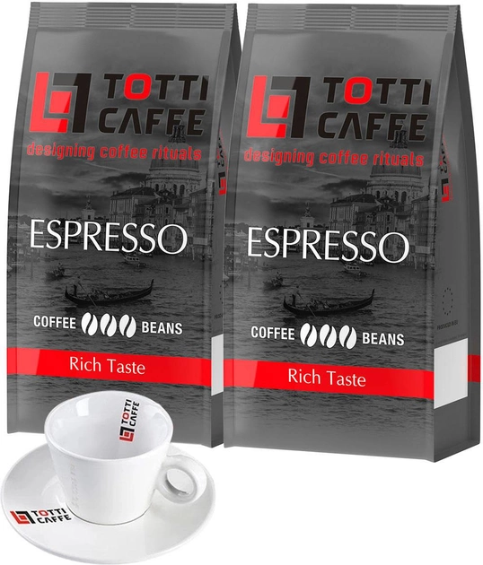 Акція на Набір TOTTI Caffe Кава в зернах Espresso 1 кг х 2 шт. + Чашка з блюдцем для капучино від Rozetka