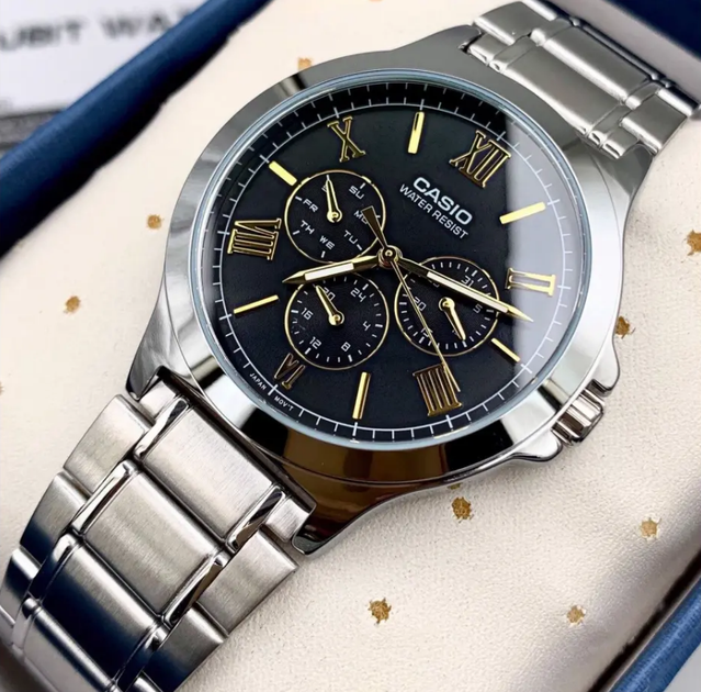 Мужские наручные часы CASIO MTP-V300D-1A2 Серебро\черный с золотым экраном Светонакопители на стрелках - изображение 2