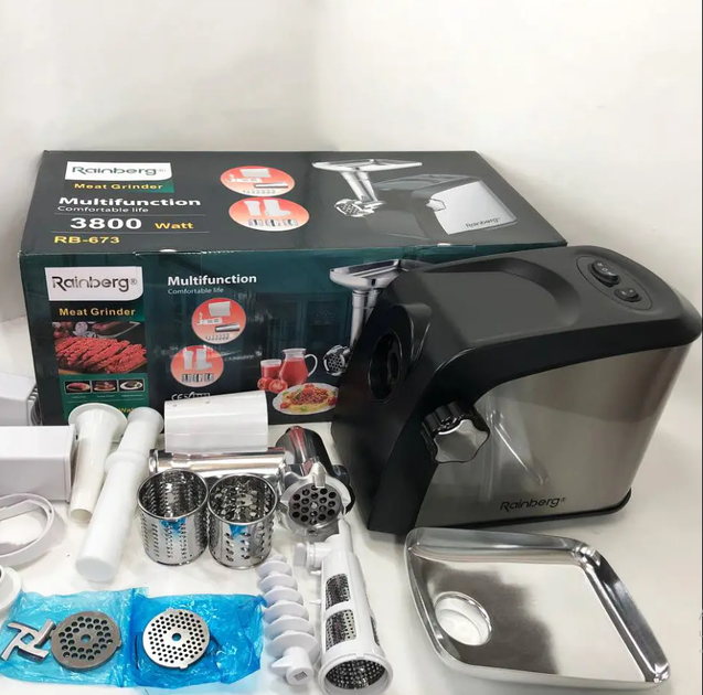 Електрична м'ясорубка Rainberg RB-673 3800W 9 насадок з реверсом - изображение 3