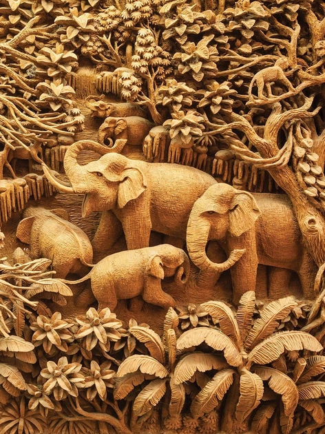 Флізелінові 3д шпалери в спальню над ліжком 206x275 см Слони в джунглях імітація різьблення по дереву 3527VEA+клей - зображення 2
