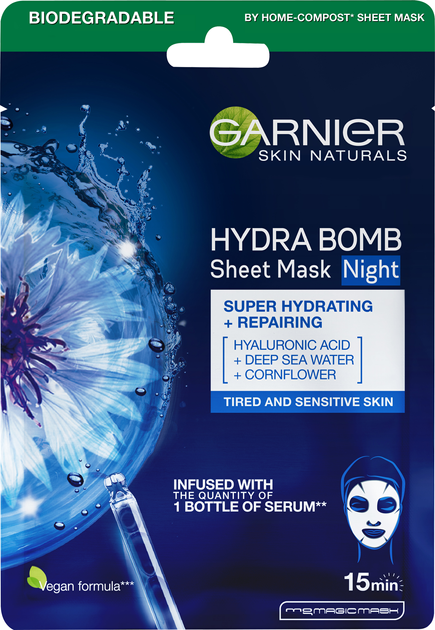 Суперзволожуюча нічна тканинна маска Garnier Skin Naturals Hydra Bomb для шкіри обличчя з ознаками втоми 28 г (3600542385657) - зображення 1