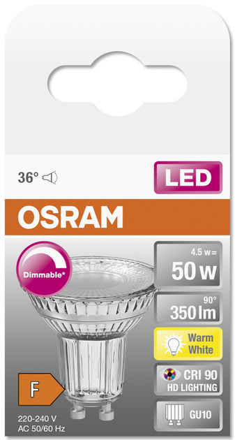 Lampa LED OSRAM PAR16 DIM 4,5W 350Lm 2700K GU10 (4058075797888) - obraz 2