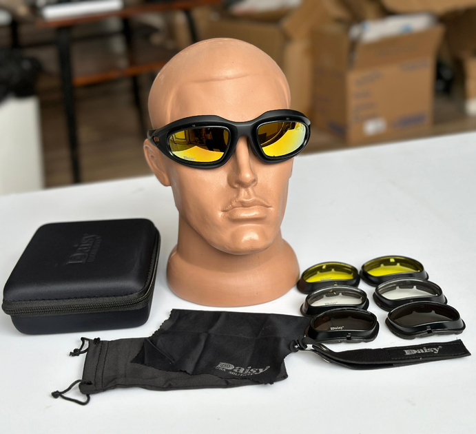 Тактические очки - маска Tactic защитные очки со сменными линзами с боксом Черный (Daisy C5) - изображение 1
