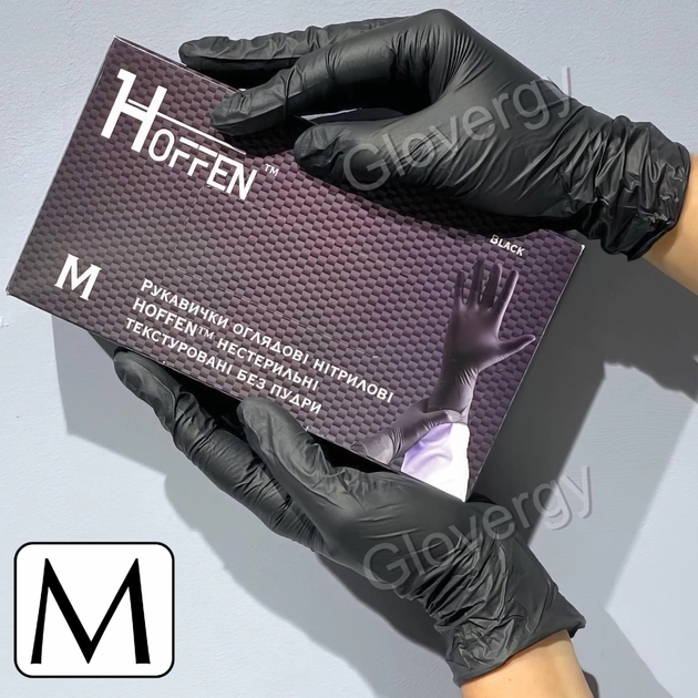 Перчатки нитриловые Hoffen Black размер M черные 100 шт - изображение 1