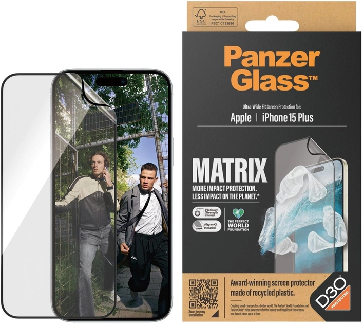Szkło hartowane PanzerGlass Matrix Screen Protector with D3O do Apple iPhone 15 Plus Ultra-Wide Fit w. AlignerKit (5711724028199) - obraz 2