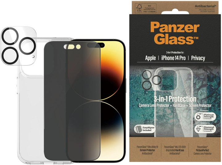 Zestaw PanzerGlass Privacy 3-in-1 Pack do Apple iPhone 14 Pro etui + szkło hartowane + szkło do obiektywów (B0402+P2784) - obraz 2
