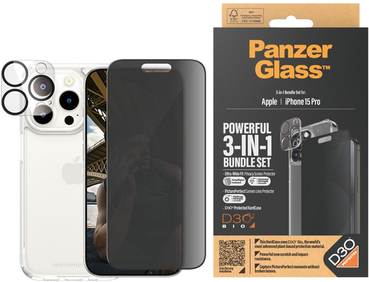 Набір PanzerGlass Privacy 3-in-1 Pack для Apple iPhone 15 Pro чохол + Захисне скло + Захисне скло для камери (B1173+P2810) - зображення 2