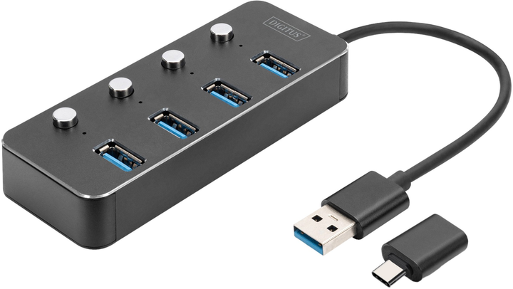 Hub USB Digitus USB 3.0 Type-A 4-portowy z wyłącznikami Grey (DA-70247) - obraz 1