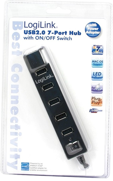 USB-хаб LogiLink USB 2.0 Type-A 7-портовий з вимикачем Black (4052792006889) - зображення 2