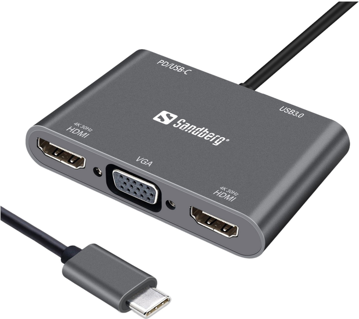 USB-хаб Sandberg USB-C to 2xHDMI, VGA, USB-A, USB-C PD Grey (5705730136351) - зображення 1