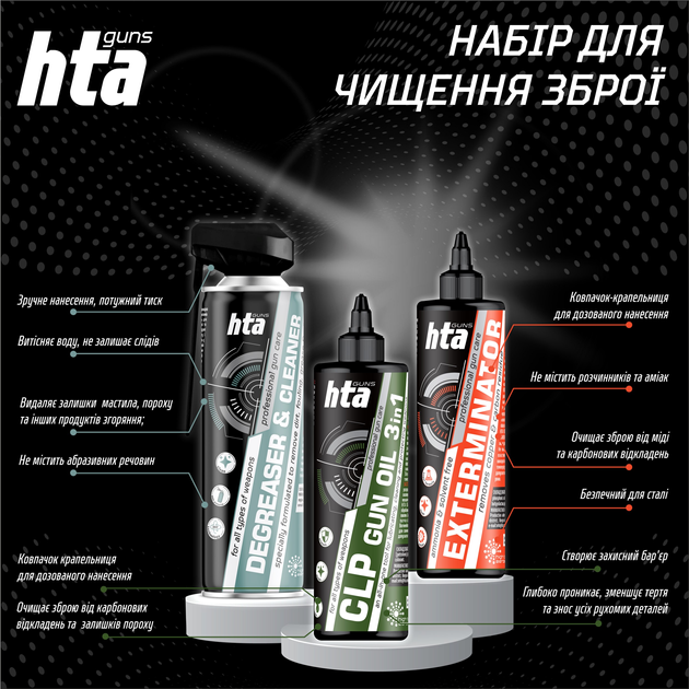 Набор для чистки оружия HTA Exterminator 500 мл + Degreaser & Cleaner 500 мл + CLP Gun Oil 500 мл (HTA10110) - изображение 2