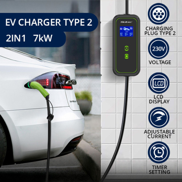 Зарядний пристрій Qoltec Mobile charger for EV 2-in-1 type 2 7 кВт 230 В CEE 3 PIN - зображення 3