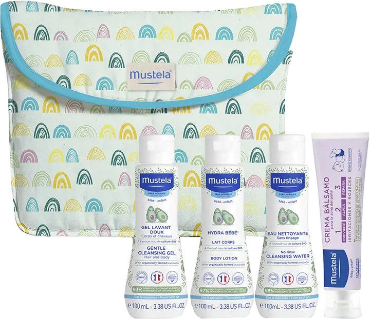 Набір Mustela Little Moments крем - лосьйон 50 мл + очищувальна вода 100 мл + гель для ванни 100 мл + молочко для тіла hydra baby 100 мл + косметичка rainbow (8436034154013) - зображення 1