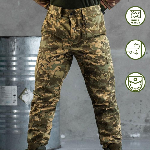 Мужские Зимние Брюки саржа с флисовой подкладкой / Утепленные Штаны с манжетами на хлястиках пиксель размер XL - изображение 1