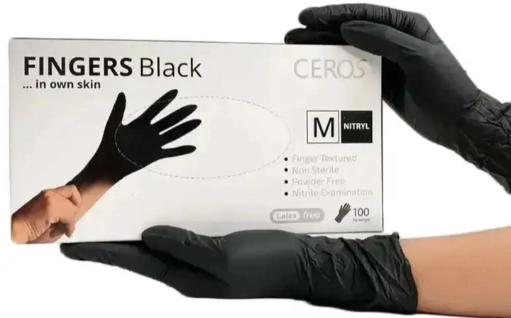 Нітрилові рукавички CEROS Fingers® Black Розмір M 100шт/уп. 50 пар. Чорні - изображение 1