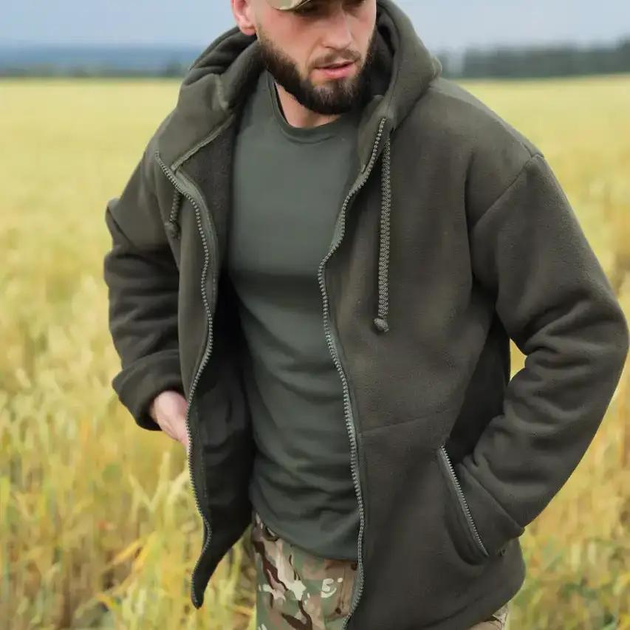 Куртка тактическая с капюшоном мужская из плотного флиса и шерпа плотностью 550г/м2 Grizli Олива 50 - изображение 2