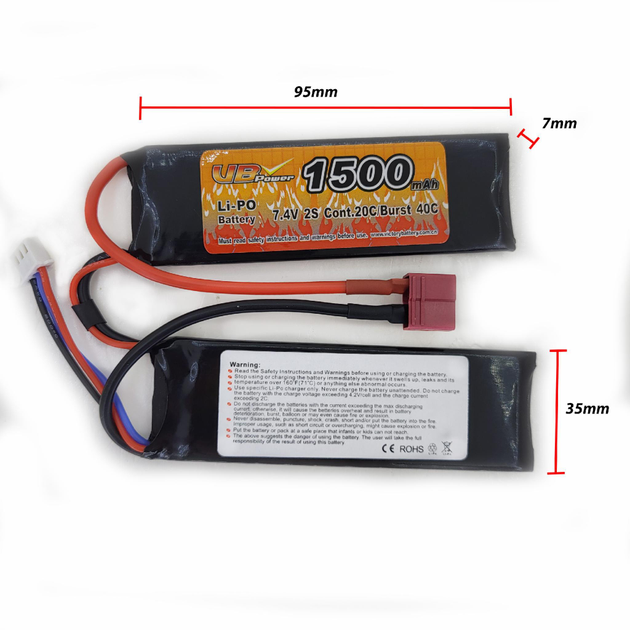 Акумулятор LiPo 7.4V 1500mAh - 2 stick 20-40C Т-конектор (VBPower) (для страйкболу) - зображення 1