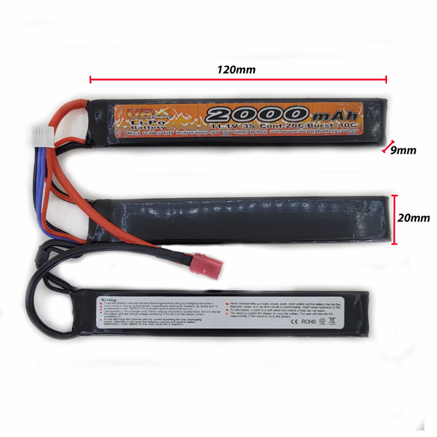 Акумулятор LiPo 11.1V 2000mah - 3 stick 20-40C нунчаки Т-конектор (VBPower) (для страйкболу) - зображення 1
