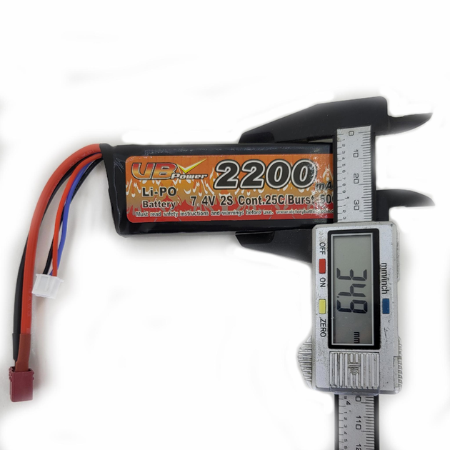 Аккумулятор LiPo 7.4V 2200mah - stick 25-50C моноблок Т-коннектор (VBPower) (для страйкбола) - изображение 1