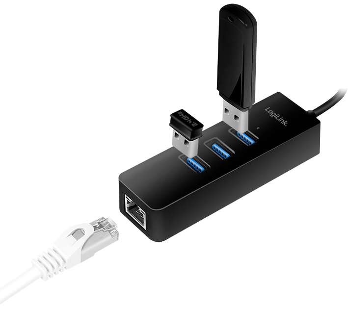 Мережевий адаптер LogiLink Gigabit USB 3.2 Gen 1 + 3-портовий USB 3.0 хаб Чорний (4052792044737) - зображення 2