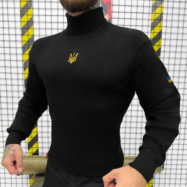 Вязаный мужской Гольф с Патриотической вышивкой / Утепленная Водолазка черная размер XL - изображение 2