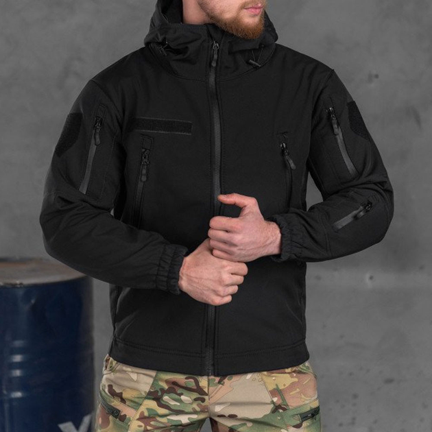 Демісезонна чоловіча Куртка з капюшоном Softshell на флісі чорна розмір S - зображення 1