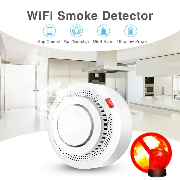 Умный датчик детектор дыма дымовая пожарная сигнализация с WiFi Bluetooth сиреной 80х38х52 мм (476350-Prob) Белый - изображение 3
