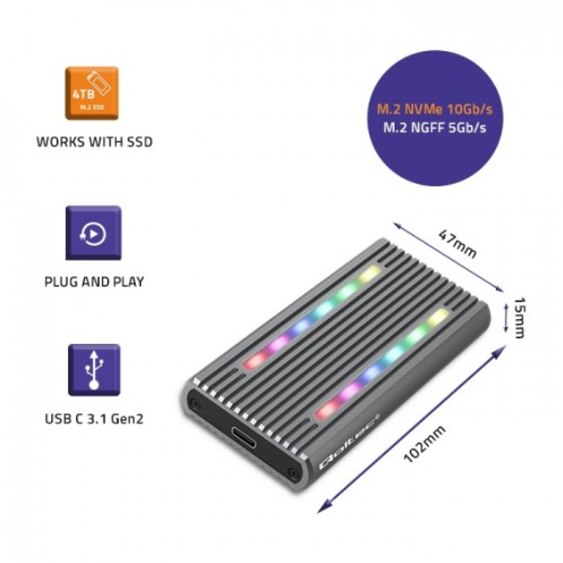 Зовнішня кишеня Qoltec Enclosure for drive M.2 SSD NVMe USB Type-C RGB LED Grey - зображення 4
