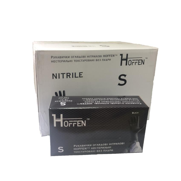 Рукавички оглядові нітрилові HOFFEN black нестерильні текстуровані без пудри розмір S (ящик 10 пачок) - зображення 1