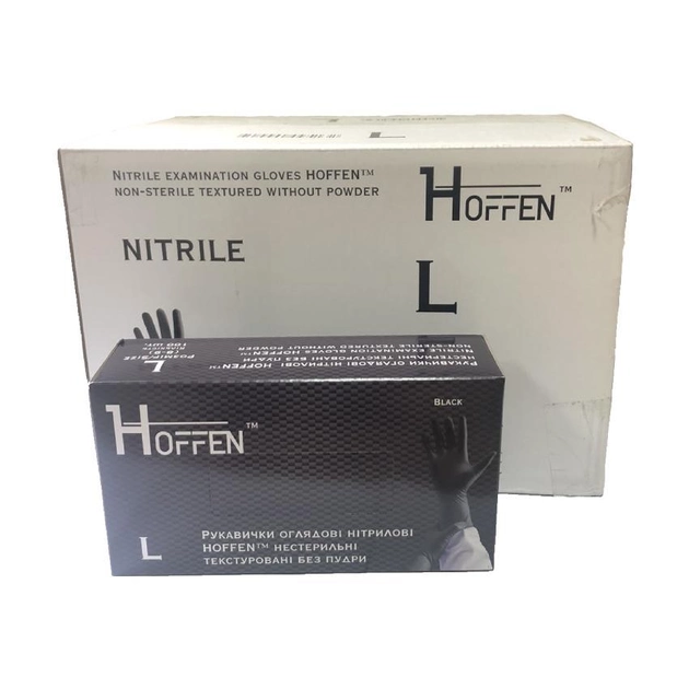 Рукавички оглядові нітрилові HOFFEN black нестерильні текстуровані без пудри розмір L (ящик 10 пачок) - зображення 1