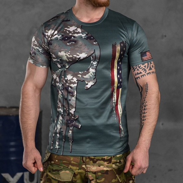 Потоотводящая мужская футболка с принтом "Punisher USA" Coolmax олива мультикам размер L - изображение 1