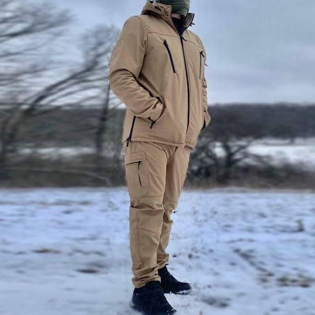 Мужской Демисезонный костюм на флисе / Комплект Куртка + Брюки Softshell койот размер M - изображение 2