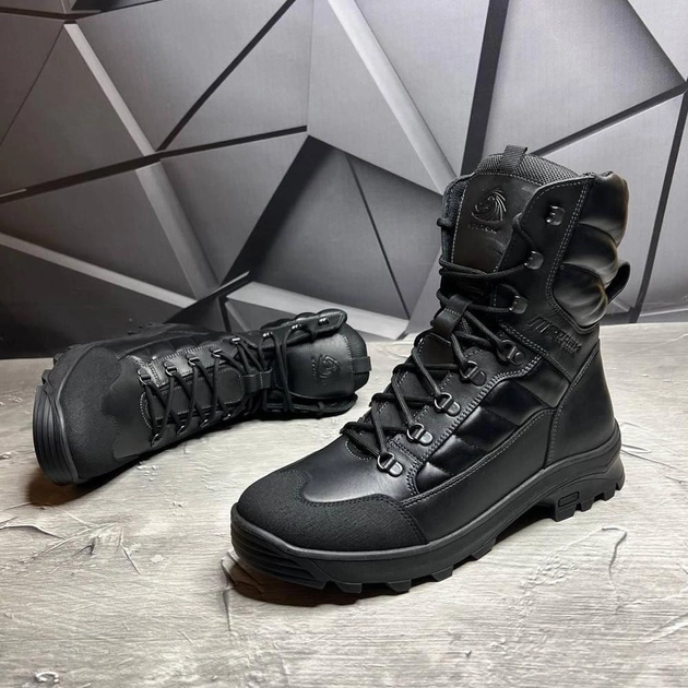 Мужские кожаные берцы на меху / Высокие ботинки KTV на резиновой подошве с протектором черные размер 40 - изображение 2