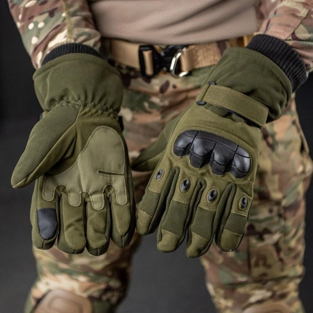 Зимние перчатки на меху с защитными накладками олива размер универсальный - изображение 1