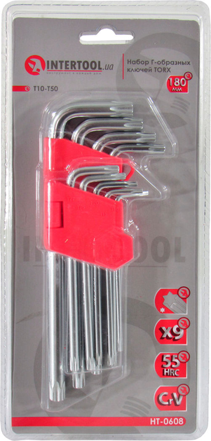 Набор звездочек Г-образных ключей TORX (Intertool) Cr-V, T10-T50, 55HRC ...
