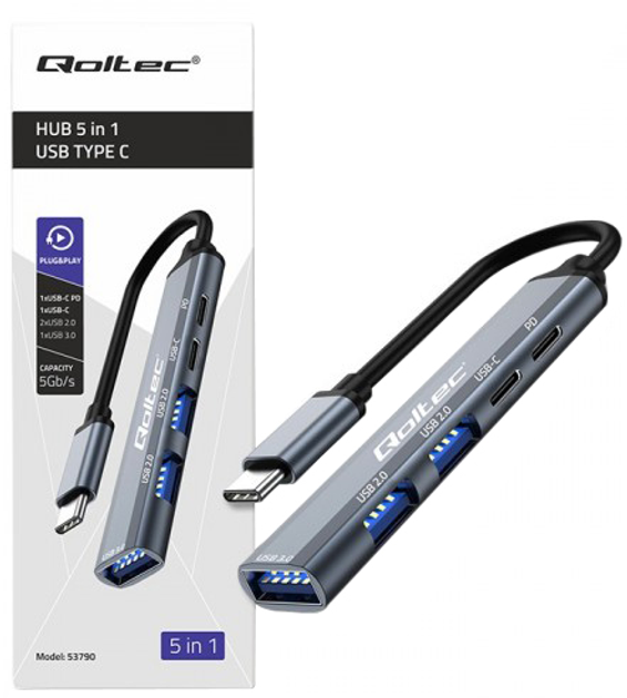 USB-хаб Qoltec Hub Adapter 5 in 1  USB-C USB 2.0 USB 3.0 Grey - зображення 2