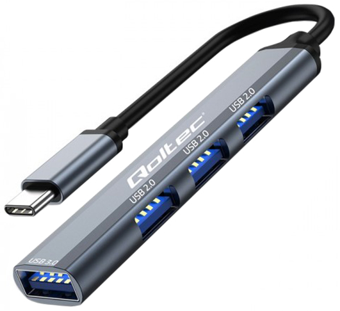 USB Hub Qoltec Hub Adapter USB-C 4 in 1 USB 2.0 USB 3.0 Grey - obraz 1