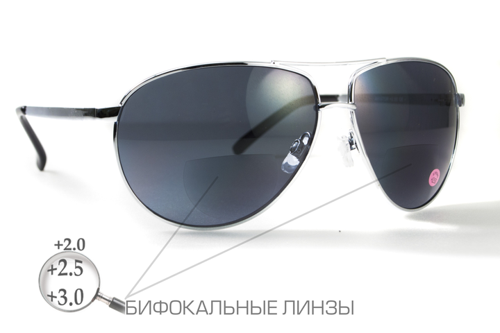 Окуляри біфокальні (захисні) Global Vision Aviator Bifocal (+2.5) (gray), чорні біфокальні лінзи в металевій оправі - зображення 1