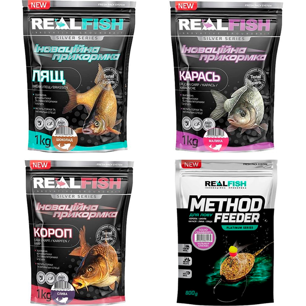 Набор прикормок Real Fish Лещ Шоколад 1 кг+ Карась Малина 1 кг+Карп ...