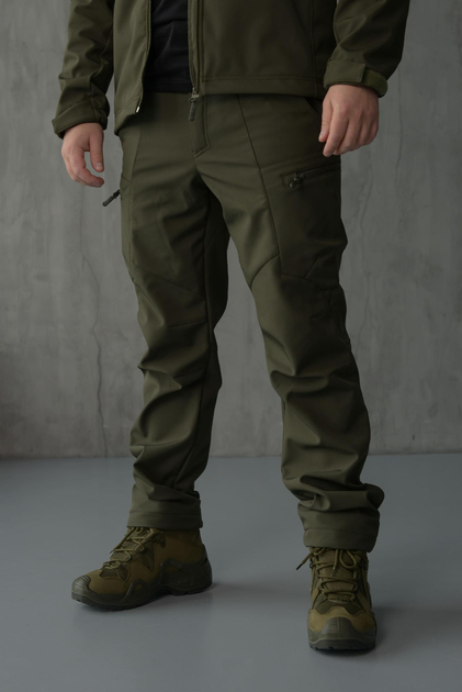 Брюки мужские SoftShell для НГУ оливковый цвет на флисе с высокой посадкой / Ветро и водозащитные штаны M - изображение 1
